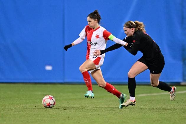 Diana Bartovicova of Slavia and Signe Gaupsetova of Brann in action during the Brann vs Slavia Praha UEFA Women s Champions League Group stage match in Mlada Boleslav, Czech Republic, January 25, 2024. (CTKxPhoto RadekxPetrasek) CTKPhotoP2024012508584  CTKPhotoP2024012508584