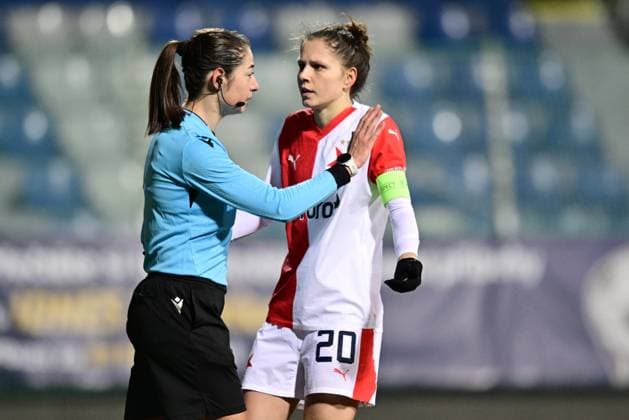 From left Italian football referee Maria Caputi and Diana Bartovicova of Slavia in action during the Brann vs Slavia Praha UEFA Women s Champions League Group stage match in Mlada Boleslav, Czech Republic, January 25, 2024. (CTKxPhoto RadekxPetrasek) CTKPhotoP2024012508585  CTKPhotoP2024012508585