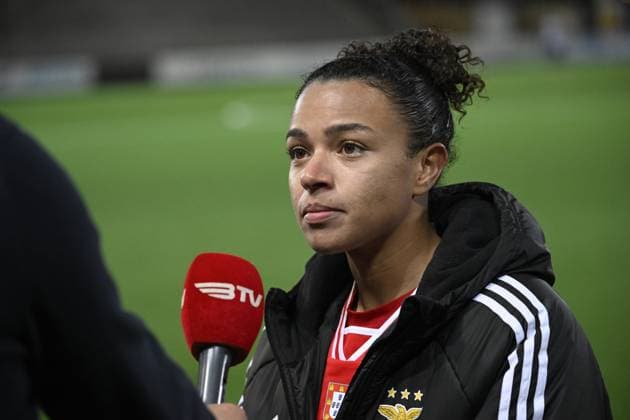 MALMÖ, SVERIGE 20240125 Benficas Marie Alidou intervjuas efter torsdagens Champions League gruppspelsmatch i fotboll mellan FC Rosengard och SL Benfica pa Malmö IP. MALMÖ SVERIGE x50090x