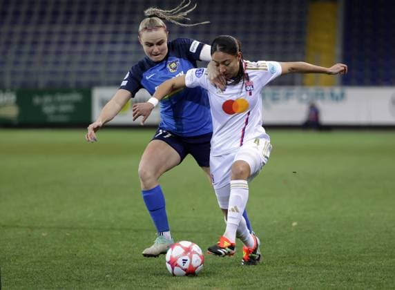 WOMEN SOCCER - UEFA CL, St.Poelten vs Lyon SANKT POELTEN,AUSTRIA,25.JAN.24 - WOMEN SOCCER - UEFA Women s Champions League, group stage, SKN Sankt Poelten vs Olympique Lyonnais. Image shows Diana Lemesova (St.Poelten) and Selma Bacha (Lyon).  GEPAxpictures xWalterxLuger