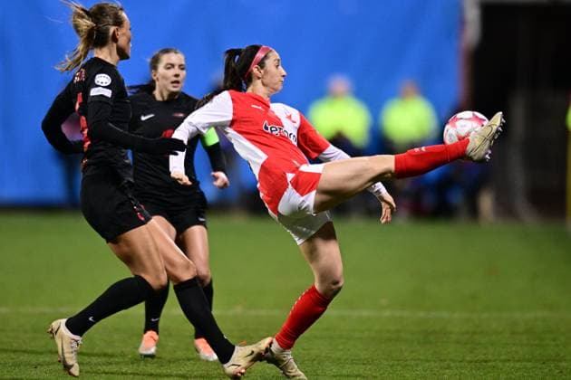 From left Ingrid Stenevik of Brann, Haleigh Stackpole of Slavia in action during the Brann vs Slavia Praha UEFA Women s Champions League Group stage match in Mlada Boleslav, Czech Republic, January 25, 2024. (CTKxPhoto RadekxPetrasek) CTKPhotoP2024012509184  CTKPhotoP2024012509184