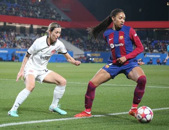 25.01.2024, xgrfx, Fussball Champions League Frauen, FC Barcelona, Barca - Eintracht Frankfurt emspor, v.l. Sara Doorsoun (Eintracht Frankfurt) (DFL DFB REGULATIONS PROHIBIT ANY USE OF PHOTOGRAPHS as IMAGE SEQUENCES and or QUASI-VIDEO) Barcelona
