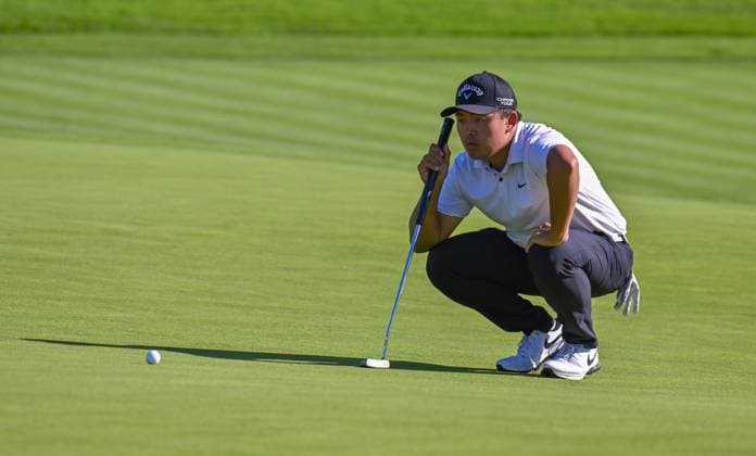 January 25, 2024: Kevin Yu lines up a putt on the 18th hole during the second round of the Farmers Insurance Open at Torrey Pines South in San Diego, California. CSM San Diego USA - ZUMAc04_ 20240125_zma_c04_037 Copyright: xJustinxFinex