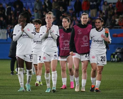 25.01.2024, xgrfx, Fussball Champions League Frauen, FC Barcelona, Barca - Eintracht Frankfurt emspor, v.l. Nicole Anyomi, Sophia Kleinherne, Anna Aehling (Eintracht Frankfurt) (DFL DFB REGULATIONS PROHIBIT ANY USE OF PHOTOGRAPHS as IMAGE SEQUENCES and or QUASI-VIDEO) Barcelona