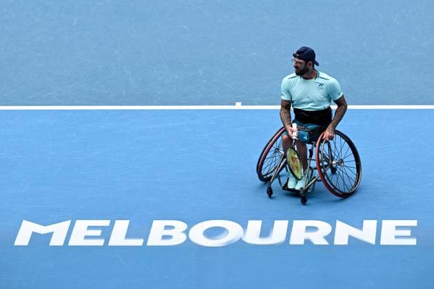 TENNIS AUSTRALIAN OPEN, Heath Davidson (pictured) of Australia and Robert Shaw of Canada in action during their Men?s Wuad Wheelchair Doubles semifinal against Andy Lapthorne of United Kingdom and David Wagner of the USA on Day 13 of the 2024 Australian Open at Melbourne Park in Melbourne, Friday, January 26, 2024. ( NO ARCHIVING, EDITORIAL USE ONLY, NO USE IN BOOKS WITHOUT CONSENT MELBOURNE VICTORIA AUSTRALIA  Copyright: xJOELxCARRETTx 20240126001893708407