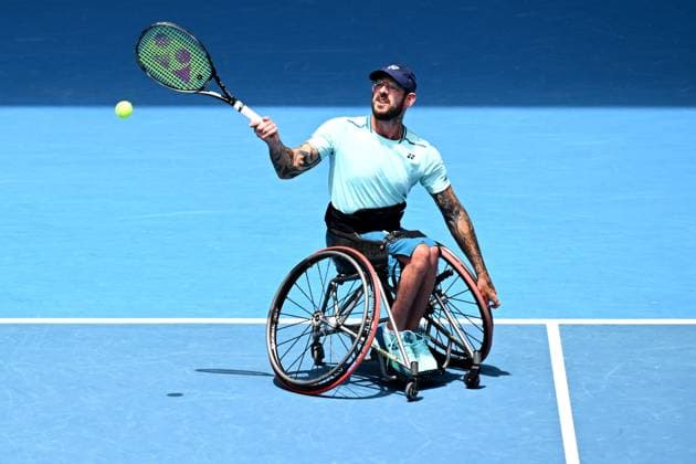 TENNIS AUSTRALIAN OPEN, Heath Davidson (pictured) of Australia and Robert Shaw of Canada in action during their Men?s Wuad Wheelchair Doubles semifinal against Andy Lapthorne of United Kingdom and David Wagner of the USA on Day 13 of the 2024 Australian Open at Melbourne Park in Melbourne, Friday, January 26, 2024. ( NO ARCHIVING, EDITORIAL USE ONLY, NO USE IN BOOKS WITHOUT CONSENT MELBOURNE VICTORIA AUSTRALIA  Copyright: xJOELxCARRETTx 20240126001893713517
