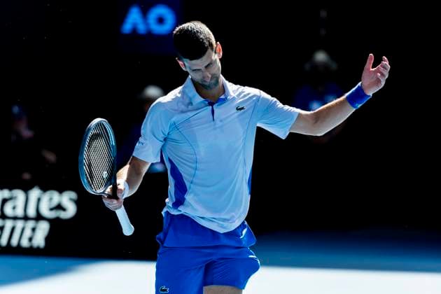 MELBOURNE, VIC - JANUARY 26: Novak Djokovic of Serbia shows his frustration in action during the semifinals of the 2024 Australian Open on January 26 2024, at Melbourne Park in Melbourne, Australia. (Photo by Jason Heidrich Icon Sportswire) TENNIS: JAN 26 Australian Open EDITORIAL USE ONLY Icon240126094