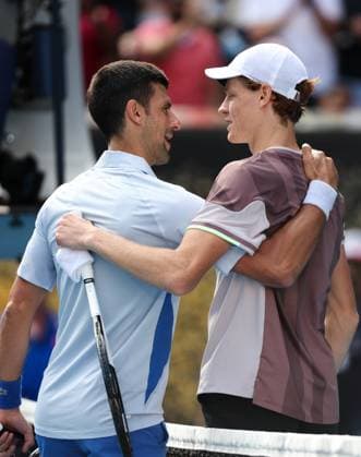 (240126) -- MELBOURNE, Jan. 26, 2024 -- Jannik Sinner (R) of Italy greets Novak Djokovic of Serbia after their men s singles semifinal at Australian Open tennis tournament in Melbourne, Australia, Jan. 26, 2024. ) (SP)AUSTRALIA-MELBOURNE-TENNIS-AUSTRALIAN OPEN-MEN S SINGLES SEMIFINALS MaxPing 