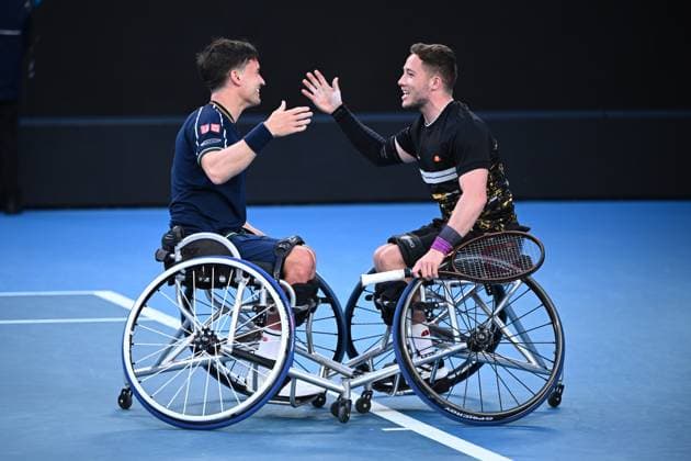 TENNIS AUSTRALIAN OPEN, Alfie Hewett and Gordon Reid of United Kingdom celebrate their Men?s Wheelchair Doubles final win over Takuya Miki and Tokito Oda of Japan on Day 13 of the 2024 Australian Open at Melbourne Park in Melbourne, Friday, January 26, 2024. ( NO ARCHIVING, EDITORIAL USE ONLY, NO USE IN BOOKS WITHOUT CONSENT MELBOURNE VICTORIA AUSTRALIA  Copyright: xJOELxCARRETTx 20240126001893811212