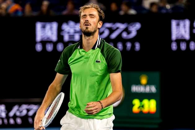 MELBOURNE, VIC - JANUARY 26: Daniil Medvedev of Russia in action during the semifinals of the 2024 Australian Open on January 26 2024, at Melbourne Park in Melbourne, Australia. (Photo by Jason Heidrich Icon Sportswire) TENNIS: JAN 26 Australian Open EDITORIAL USE ONLY Icon240126154