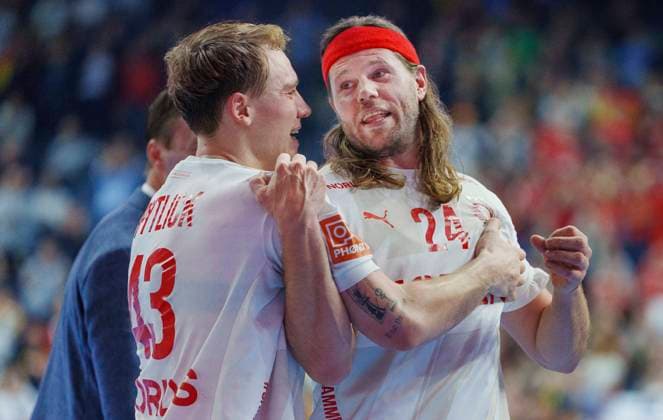Mikkel Hansen and Simon Pytlick after the semifinal between Germany and Denmark at the EHF 2024 Mens European Handball Championship in the Lanxness Arena in Cologne, Germany, Friday January 26, 2024 , Cologne Tyskland Copyright: Ritzau Scanpix LiselottexSabroex spdk20240126-223114-L