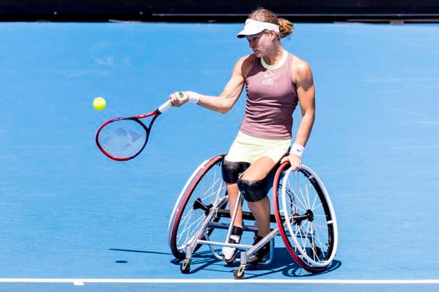 MELBOURNE, VIC - JANUARY 27: Diede se Grout of the Netherlands in action during the finals of the wheelchair event in the 2024 Australian Open on January 27 2024, at Melbourne Park in Melbourne, Australia. (Photo by Jason Heidrich Icon Sportswire) TENNIS: JAN 27 Australian Open EDITORIAL USE ONLY Icon240127009