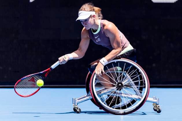 MELBOURNE, VIC - JANUARY 27: Diede se Grout of the Netherlands in action during the finals of the wheelchair event in the 2024 Australian Open on January 27 2024, at Melbourne Park in Melbourne, Australia. (Photo by Jason Heidrich Icon Sportswire) TENNIS: JAN 27 Australian Open EDITORIAL USE ONLY Icon240127018