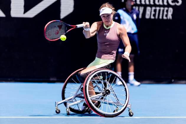 MELBOURNE, VIC - JANUARY 27: Diede se Grout of the Netherlands in action during the finals of the wheelchair event in the 2024 Australian Open on January 27 2024, at Melbourne Park in Melbourne, Australia. (Photo by Jason Heidrich Icon Sportswire) TENNIS: JAN 27 Australian Open EDITORIAL USE ONLY Icon240127021