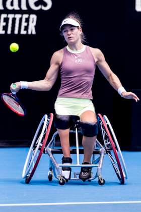 MELBOURNE, VIC - JANUARY 27: Diede se Grout of the Netherlands in action during the finals of the wheelchair event in the 2024 Australian Open on January 27 2024, at Melbourne Park in Melbourne, Australia. (Photo by Jason Heidrich Icon Sportswire) TENNIS: JAN 27 Australian Open EDITORIAL USE ONLY Icon240127022