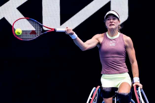 MELBOURNE, VIC - JANUARY 27: Diede se Grout of the Netherlands in action during the finals of the wheelchair event in the 2024 Australian Open on January 27 2024, at Melbourne Park in Melbourne, Australia. (Photo by Jason Heidrich Icon Sportswire) TENNIS: JAN 27 Australian Open EDITORIAL USE ONLY Icon240127024