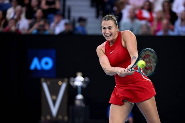 TENNIS AUSTRALIAN OPEN, Aryna Sabalenka of Belarus in action during her Women?s Singles Final against Qinwen Zheng of China on Rod Laver Arena on Day 14 of the 2024 Australian Open at Melbourne Park in Melbourne, Thursday, January 25, 2024. ( NO ARCHIVING, EDITORIAL USE ONLY, NO USE IN BOOKS WITHOUT CONSENT MELBOURNE VICTORIA AUSTRALIA  Copyright: xJOELxCARRETTx 20240127001894213620