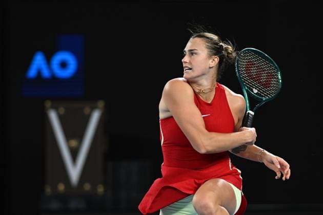 TENNIS AUSTRALIAN OPEN, Aryna Sabalenka of Belarus in action during her Women?s Singles Final against Qinwen Zheng of China on Rod Laver Arena on Day 14 of the 2024 Australian Open at Melbourne Park in Melbourne, Thursday, January 25, 2024. ( NO ARCHIVING, EDITORIAL USE ONLY, NO USE IN BOOKS WITHOUT CONSENT MELBOURNE VICTORIA AUSTRALIA  Copyright: xJOELxCARRETTx 20240127001894225755