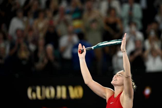 TENNIS AUSTRALIAN OPEN, Aryna Sabalenka of Belarus celebrates match point during her Women?s Singles Final win over Qinwen Zheng of China on Rod Laver Arena on Day 14 of the 2024 Australian Open at Melbourne Park in Melbourne, Thursday, January 25, 2024. ( NO ARCHIVING, EDITORIAL USE ONLY, NO USE IN BOOKS WITHOUT CONSENT MELBOURNE VICTORIA AUSTRALIA  Copyright: xJOELxCARRETTx 20240127001894229881