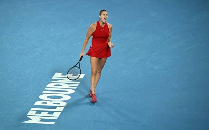 TENNIS AUSTRALIAN OPEN, Aryna Sabalenka of Belarus celebrates before winning the Women?s Singles Final against Qinwen Zheng of China on Rod Laver Arena on Day 14 of the 2024 Australian Open at Melbourne Park in Melbourne, Thursday, January 25, 2024. ( NO ARCHIVING, EDITORIAL USE ONLY, NO USE IN BOOKS WITHOUT CONSENT MELBOURNE VICTORIA AUSTRALIA  Copyright: xJAMESxROSSx 20240127001894231552