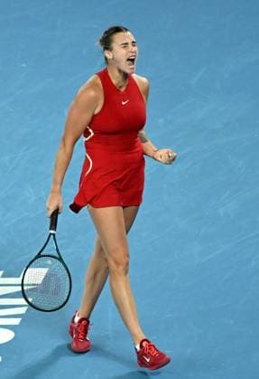 TENNIS AUSTRALIAN OPEN, Aryna Sabalenka of Belarus celebrates before winning the Women?s Singles Final against Qinwen Zheng of China on Rod Laver Arena on Day 14 of the 2024 Australian Open at Melbourne Park in Melbourne, Thursday, January 25, 2024. ( NO ARCHIVING, EDITORIAL USE ONLY, NO USE IN BOOKS WITHOUT CONSENT MELBOURNE VICTORIA AUSTRALIA  Copyright: xJAMESxROSSx 20240127001894230802