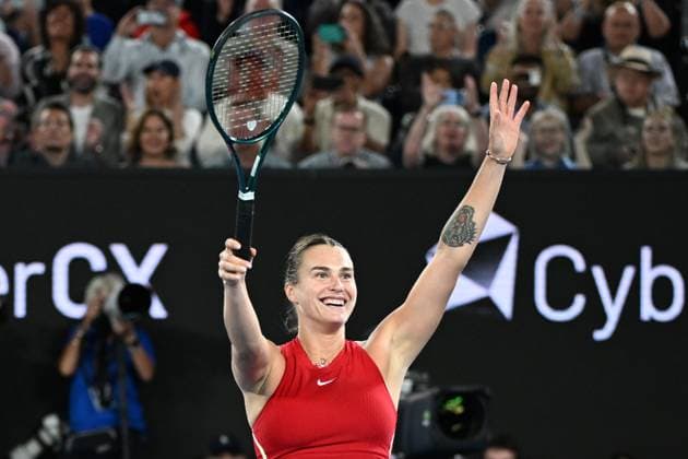 TENNIS AUSTRALIAN OPEN, Aryna Sabalenka of Belarus celebrates during her Women?s Singles Final win over Qinwen Zheng of China on Rod Laver Arena on Day 14 of the 2024 Australian Open at Melbourne Park in Melbourne, Thursday, January 25, 2024. ( NO ARCHIVING, EDITORIAL USE ONLY, NO USE IN BOOKS WITHOUT CONSENT MELBOURNE VICTORIA AUSTRALIA  Copyright: xJOELxCARRETTx 20240127001894232457