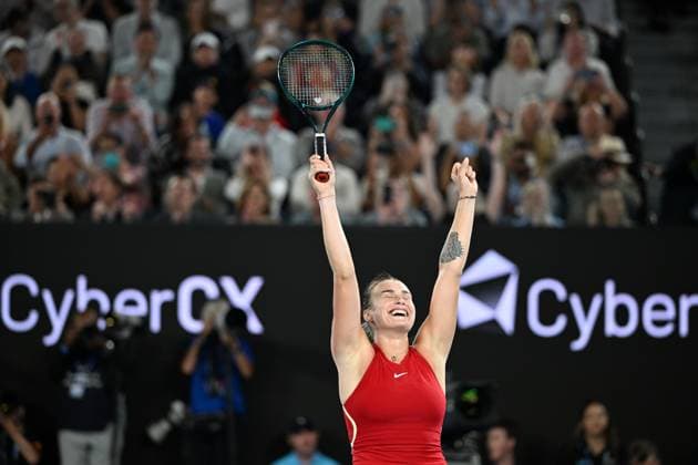 TENNIS AUSTRALIAN OPEN, Aryna Sabalenka of Belarus celebrates during her Women?s Singles Final win over Qinwen Zheng of China on Rod Laver Arena on Day 14 of the 2024 Australian Open at Melbourne Park in Melbourne, Thursday, January 25, 2024. ( NO ARCHIVING, EDITORIAL USE ONLY, NO USE IN BOOKS WITHOUT CONSENT MELBOURNE VICTORIA AUSTRALIA  Copyright: xJOELxCARRETTx 20240127001894232743