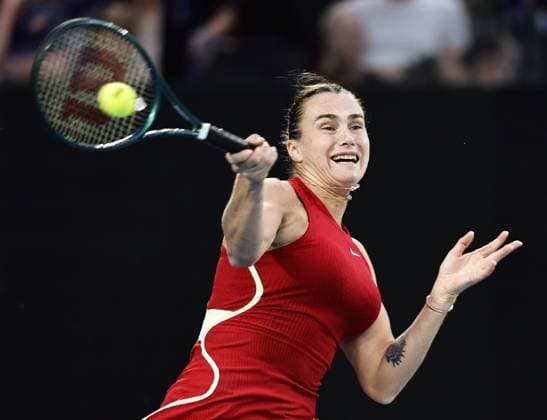 Tennis: Australian Open Belarusian tennis player Aryna Sabalenka plays against Zheng Qinwen of China in the women s singles final at the Australian Open tournament in Melbourne on Jan. 27, 2024.  A14AA0002385518P