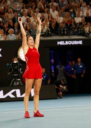 Aryna Sabalenka jubelt nach dem Sieg,Jubel,Freude, Emotion, Damen Einzel, Finale, Endspiel, Australian Open 2024, Melbourne Park, Melbourne, Victoria, Australia. Copyright: xJuergenxHasenkopfx