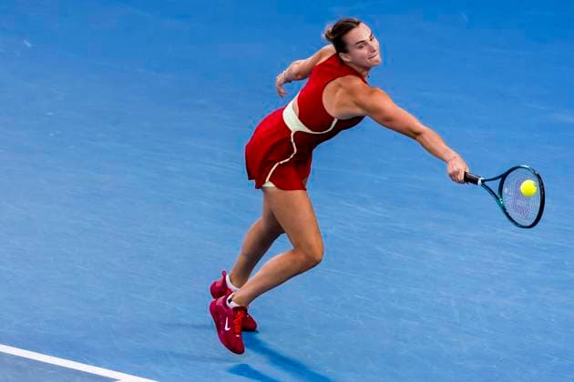 MELBOURNE, VIC - JANUARY 27: Aryna Sabalenka of Belarus in action during the finals of the 2024 Australian Open on January 27 2024, at Melbourne Park in Melbourne, Australia. (Photo by Jason Heidrich Icon Sportswire) TENNIS: JAN 27 Australian Open EDITORIAL USE ONLY Icon240127193