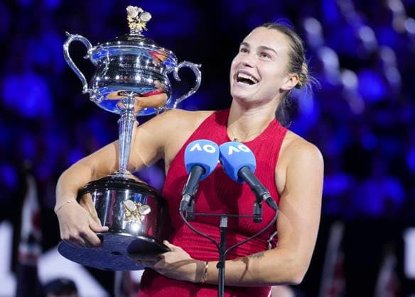 (240127) -- MELBOURNE, Jan. 27, 2024 -- Aryna Sabalenka of Belarus holds her champion trophy during the awarding ceremony for the women s singles final at Australian Open tennis tournament in Melbourne, Australia, Jan. 27, 2024. ) (SP)AUSTRALIA-MELBOURNE-TENNIS-AUSTRALIAN OPEN-FINAL WangxShen 