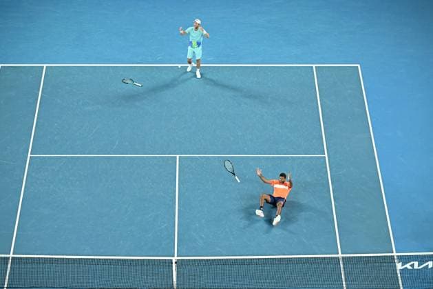 TENNIS AUSTRALIAN OPEN, Matthew Ebden (top) of Australia and Rohan Bopanna (bottom) of India celebrate match point during their Men?s Doubles final win over Simone Bolelli and Andrea Vavassori of Italy on Rod Laver Arena on Day 14 of the 2024 Australian Open at Melbourne Park in Melbourne, Thursday, January 25, 2024. ( NO ARCHIVING, EDITORIAL USE ONLY, NO USE IN BOOKS WITHOUT CONSENT MELBOURNE VICTORIA AUSTRALIA  Copyright: xJAMESxROSSx 20240127001894274254