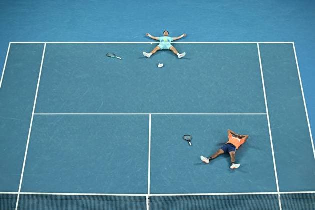TENNIS AUSTRALIAN OPEN, Matthew Ebden (top) of Australia and Rohan Bopanna (bottom) of India celebrate match point during their Men?s Doubles final win over Simone Bolelli and Andrea Vavassori of Italy on Rod Laver Arena on Day 14 of the 2024 Australian Open at Melbourne Park in Melbourne, Thursday, January 25, 2024. ( NO ARCHIVING, EDITORIAL USE ONLY, NO USE IN BOOKS WITHOUT CONSENT MELBOURNE VICTORIA AUSTRALIA  Copyright: xJAMESxROSSx 20240127001894274854
