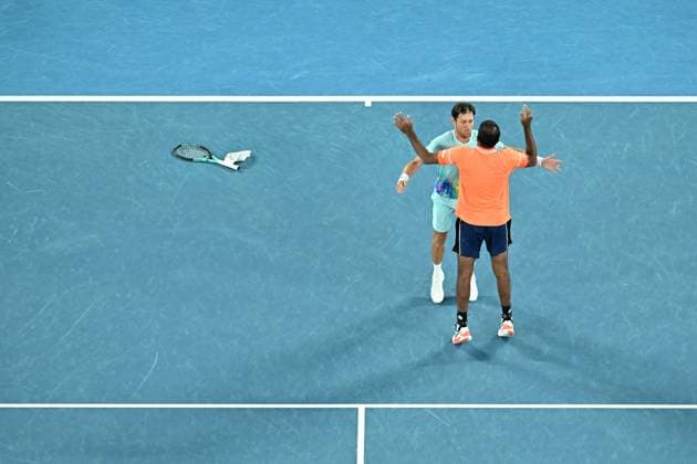 TENNIS AUSTRALIAN OPEN, Matthew Ebden (top) of Australia and Rohan Bopanna (bottom) of India celebrate match point during their Men?s Doubles final win over Simone Bolelli and Andrea Vavassori of Italy on Rod Laver Arena on Day 14 of the 2024 Australian Open at Melbourne Park in Melbourne, Thursday, January 25, 2024. ( NO ARCHIVING, EDITORIAL USE ONLY, NO USE IN BOOKS WITHOUT CONSENT MELBOURNE VICTORIA AUSTRALIA  Copyright: xJAMESxROSSx 20240127001894275712
