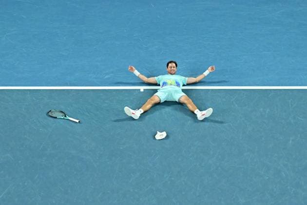 TENNIS AUSTRALIAN OPEN, Matthew Ebden (pictured) of Australia and Rohan Bopanna (bottom) of India celebrate match point during their Men?s Doubles final win over Simone Bolelli and Andrea Vavassori of Italy on Rod Laver Arena on Day 14 of the 2024 Australian Open at Melbourne Park in Melbourne, Thursday, January 25, 2024. ( NO ARCHIVING, EDITORIAL USE ONLY, NO USE IN BOOKS WITHOUT CONSENT MELBOURNE VICTORIA AUSTRALIA  Copyright: xJAMESxROSSx 20240127001894275761
