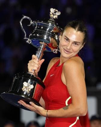January 27, 2024: 2nd seed ARYNA SABALENKA of Belarus poses with the Daphne Akhurst Memorial Cup after winning the WomenÃ¢â‚¬â ¢s Singles Final match against 12th seed QINWEN ZHENG of China on day 14 of the 2024 Australian Open in Melbourne Australia. Cal Media USA - ZUMAc04_ 20240127_faf_c04_022 Copyright: xSydneyxLowx