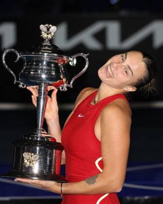 January 27, 2024Melbourne, Australia: 2nd seed ARYNA SABALENKA of Belarus poses with the Daphne Akhurst Memorial Cup after winning the Women s Singles Final match against 12th seed Q. Zheng of China on day 14 of the 2024 Australian Open in Melbourne Australia.Sabalenka won 6:3, 6:2. Melbourne Australia - ZUMAc04_ 20240127_faf_c04_010 Copyright: xSydneyxLowx