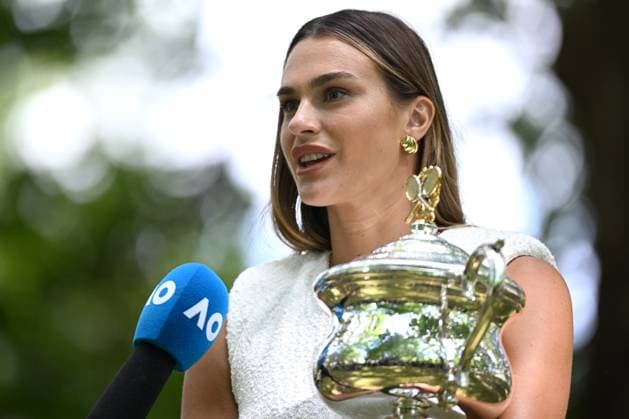 TENNIS AUSTRALIAN OPEN, Aryna Sabalenka of Belarus speaks to media with the Daphne Akhurst Memorial Cup following her win over Qinwen Zheng of China in the Women?s Singles Final at the 2024 Australian Open tennis tournament in Melbourne, Sunday, January 28, 2024. ( NO ARCHIVING, EDITORIAL USE ONLY, NO USE IN BOOKS WITHOUT CONSENT MELBOURNE VICTORIA AUSTRALIA  Copyright: xJOELxCARRETTx 20240128001894577882