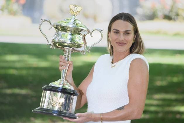 Sport Themen der Woche KW04 Sport Bilder des Tages January 28, 2024: ARYNA SABALENKA of Belarus poses with the Daphne Akhurst Memorial Cup at her trophy photo call in Carlton Gardens after winning the WomenÃ¢â‚¬â ¢s Singles Final of the 2024 Australian Open in Melbourne Australia. Cal Media USA - ZUMAc04_ 20240128_faf_c04_009 Copyright: xSydneyxLowx