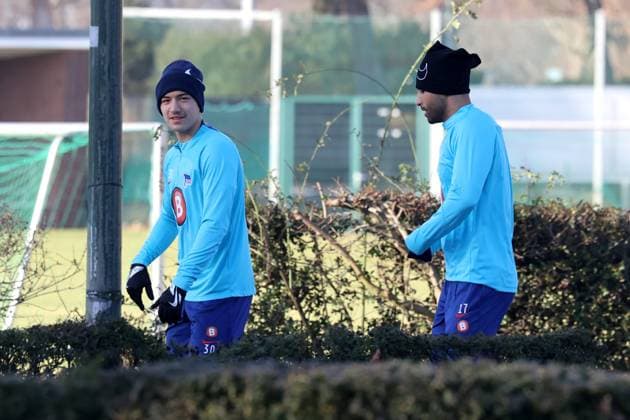 DEU, DFL, 2. FBL Hertha BSC, Training, 28.01.2024, Sportforum, Berlin, DEU, DFL, 2. FBL Hertha BSC, Training, im Bild Ibrahim Maza (Hertha BSC Berlin 30), Nader El-Jindaoui (Hertha BSC Berlin 17) DFL - regulations prohibit any use of Photographs as image sequences and or quasi-video Foto: Juergen Engler nordphoto GmbH