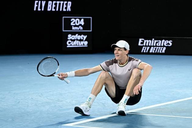 TENNIS AUSTRALIAN OPEN, Jannik Sinner of Italy drops onto the court as he celebrates match point during his Men?s Singles final win against Daniil Medvedev of Russia on Rod Laver Arena on Day 15 of the 2024 Australian Open at Melbourne Park in Melbourne, Sunday, January 28, 2024. ( NO ARCHIVING, EDITORIAL USE ONLY, NO USE IN BOOKS WITHOUT CONSENT MELBOURNE VICTORIA AUSTRALIA  Copyright: xJOELxCARRETTx 20240128001894768067