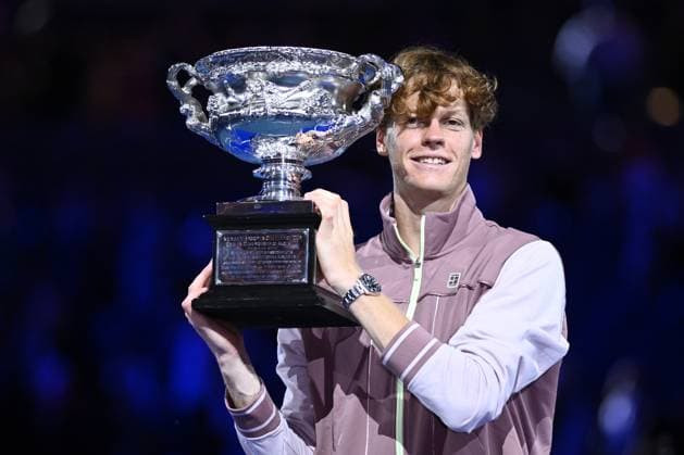 TENNIS AUSTRALIAN OPEN, Jannik Sinner of Italy poses for photographs with the Norman Brookes Challenge Cup following his Men?s Singles final win against Daniil Medvedev of Russia on Rod Laver Arena on Day 15 of the 2024 Australian Open at Melbourne Park in Melbourne, Sunday, January 28, 2024. ( NO ARCHIVING, EDITORIAL USE ONLY, NO USE IN BOOKS WITHOUT CONSENT MELBOURNE VICTORIA AUSTRALIA  Copyright: xJOELxCARRETTx 20240129001894781975