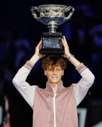 January 28, 2024: 4th seed JANNIK SINNER of Italy poses with the Norman Brookes Challenge Cup after winning the Men s Singles Final match against Danil Medvedev of the Russian Federation on Rod Laver Arena on day 15 of the 2024 Australian Open in Melbourne, Australia. Cal Media USA - ZUMAc04_ 20240128_faf_c04_022 Copyright: xSydneyxLowx