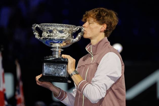 January 28, 2024: 4th seed JANNIK SINNER of Italy poses with the Norman Brookes Challenge Cup after winning the Men s Singles Final match against Danil Medvedev of the Russian Federation on Rod Laver Arena on day 15 of the 2024 Australian Open in Melbourne, Australia. Cal Media USA - ZUMAc04_ 20240128_faf_c04_029 Copyright: xSydneyxLowx