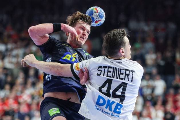 PXL_Men s EHF EURO 2024 _Sweden vs Germany Carlsbogard Jonathan and Christoph Steinert during EHF Men s EURO 2024 third place handball match between Sweden and Germany in Cologne, Germany, 28 January 2024. SanjinxStrukic PIXSELL