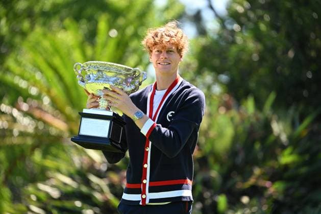 TENNIS AO WINNER PORTRAIT, Jannik Sinner of Italy poses for a photograph with the Norman Brookes Challenge Cup following his win over Daniil Medvedev of Russia in the Men?s Singles Final at the 2024 Australian Open tennis tournament in Melbourne, Monday, January 29, 2024. ( NO ARCHIVING, EDITORIAL USE ONLY, NO USE IN BOOKS WITHOUT CONSENT MELBOURNE VICTORIA AUSTRALIA  Copyright: xJAMESxROSSx 20240129001895041729