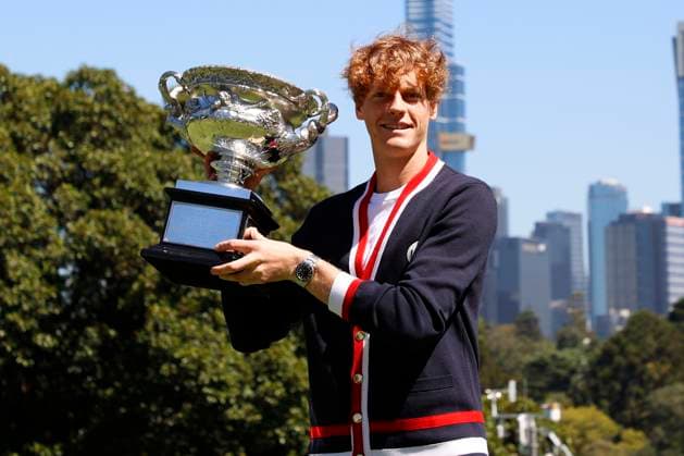 January 29, 2024, Melbourne, Victoria, Australia: Jannik Sinner of Italy poses with the Norman Brookes Challenge Cup after winning the 2024 Australian Open Final, at the Royal Botanic Gardens on January 29, 2024 in Melbourne, AustraliaJannik Sinner of Italy with the Norman Brookes Challenge Cup after winning the 2024 Australian Open Final, at the Royal Botanic Gardens on January 29, 2024 in Melbourne, Australia Melbourne Australia - ZUMAl131 20240129_zsp_l131_004 Copyright: xCiroxDexLucax