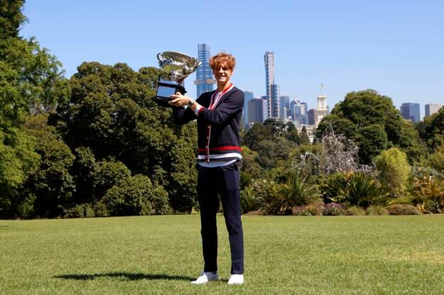 2024 Australian Open Mens Champion Media Opportunity Jannik Sinner of Italy is posing with the Norman Brookes Challenge Cup after winning the 2024 Australian Open Final at the Royal Botanic Gardens in Melbourne, Australia, on January 29, 2024. Melbourne Victoria Australia  Copyright: xCiroxDexLucax originalFilename:deluca-2024aust240129_npnhS.jpg