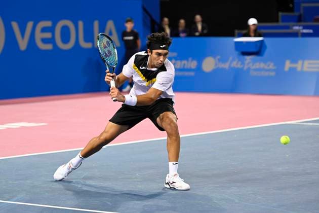 MONTPELLIER, FRANCE - JANUARY 29 : Daniel RINCON (ESP) during the qualifiers of the ATP, Tennis Herren 250 Open Sud de France tournament in Montpellier, France on January 29th, 2024. TENNIS : Open Sud de France ATP 250 - 29 01 2024 ValentinaClaret Panoramic 