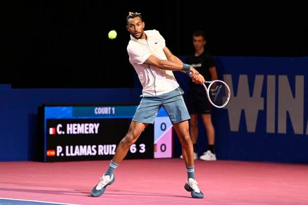 MONTPELLIER, FRANCE - JANUARY 29 : Calvin HEMERY (FRA) during the qualifiers of the ATP, Tennis Herren 250 Open Sud de France tournament in Montpellier, France on January 29th, 2024. TENNIS : Open Sud de France ATP 250 - 29 01 2024 ValentinaClaret Panoramic 